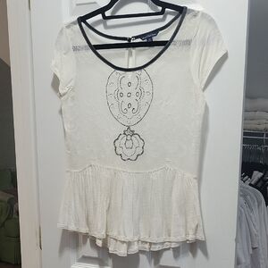 American Eagle White Sheer Embroidered Peplum Blouse Medium